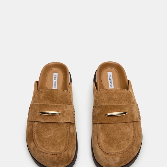Steve Madden Tan Suede Mule Loafers with Gold Accent - Picture 3 of 7